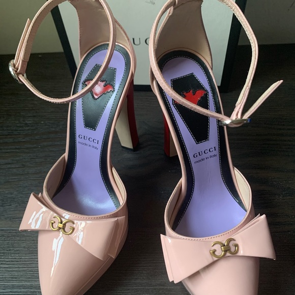 GUCCI Patent Crystal GG Bow Sadie Spike Ankle Strap d'Orsay Platform High Heel P - Picture 4 of 14